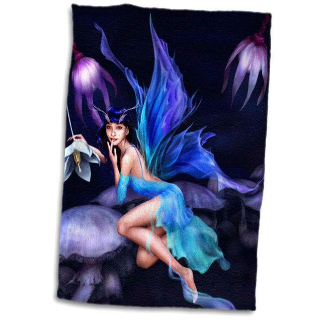 3dRose Florene Fairies n Fantasy - Beautiful Blue Fairy On Purple Petals - Towels (twl-48160-1)