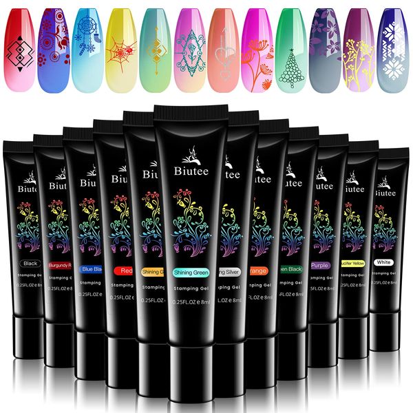 Biutee Color Gel, Stamp Dedicated Gel, Nail Stamping Gel, Set of 12 Colors, 0.3 fl oz (8 ml), Lasts Up to 15 - 30 Days of Glossy, UV/LED, Polish Type, For Nail Plates