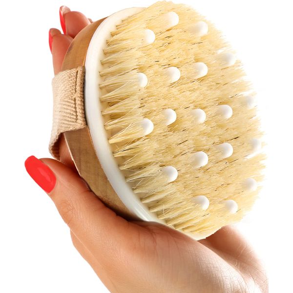 FREEDOM GOODS Dry Body Brush (100% Natural Bristle Brush), Reduce Cellulite - Dry Brush for Cellulite and Lymphatic Drainage, Soft Massage Nodular Exfoliating Brush - Shower Brush Body Scrubber Skin