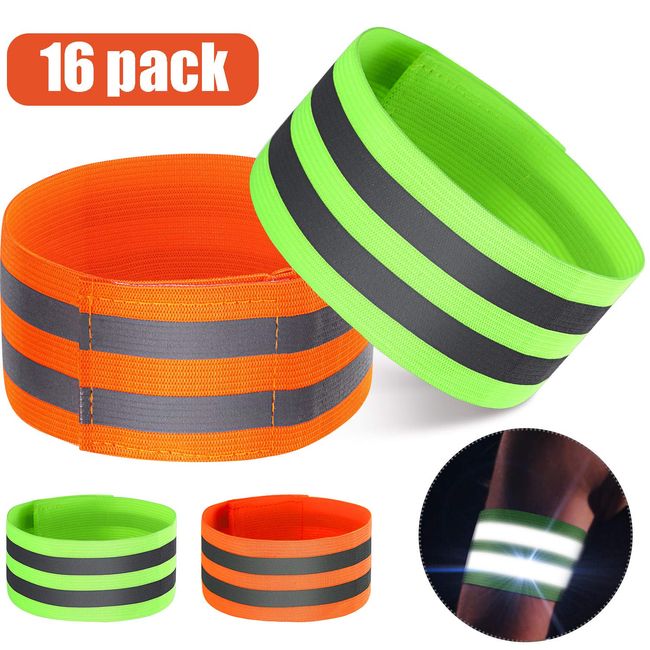 16 Pieces Reflective Bands Reflector Bands for Wrist, Arm, Ankle, Leg, High Visibility Reflective Gear Safety Reflector Tape Straps for Night Walking, Cycling and Running (Green, Orange)