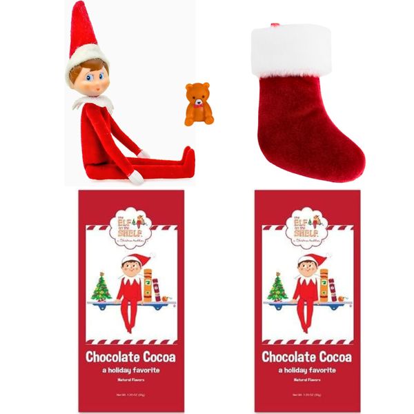 The World's Smallest Elf on The Shelf Boy with Matching Small Christmas Stocking and Two Elf on The Shelf Hot Chocolate Cocoa Mix Packs