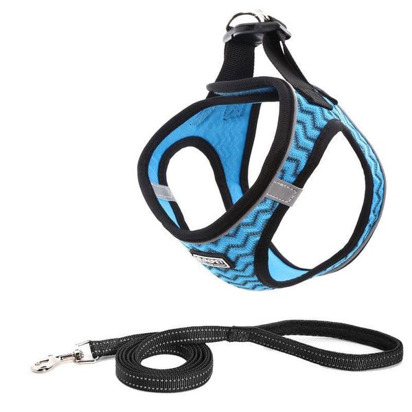 Reflective Mesh Dog Leash And Harness Set - Lightweight And Comfortable Traction Suit For Dogs - Blue / Xxs