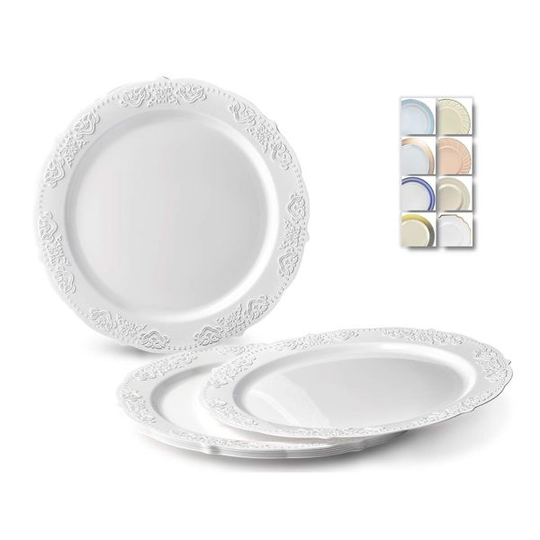 " OCCASIONS" 40 Plates Pack, Vintage Party Disposable Wedding Party Plastic Plates (7.5'' Appetizer/Dessert Plate, Portofino in White)