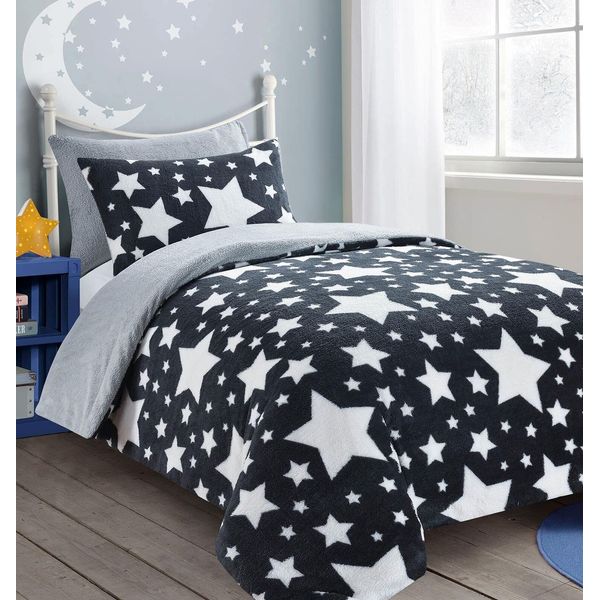 NIGHTZONE Teddy Star Fleece Duvet Cover Set Soft Cosy Warm Kids Star Teddy Bear Bedding Set (Charcoal & Silver, Single)