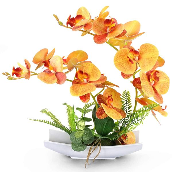 YOBANSA Present Orchid Bonsai Artificial Flowers Phalaenopsis Fake Flowers Arrangements for Home Decoration Orchids Artificial Flowers 16.5" Orchid with Pots(Orange)