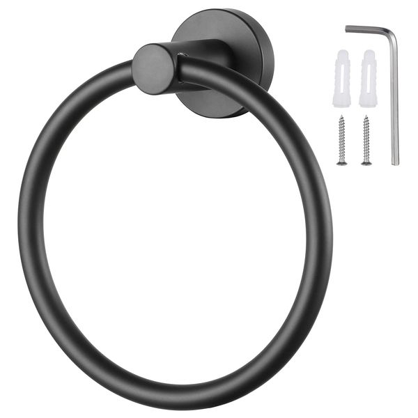 Knpwer Towel Ring 304 Stainless Steel Matte Black Towel Holder Round Shape Hand Towel Holder with Screws for Bathroom