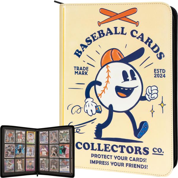 Baseball Card Binder - 9 Pocket Album w Zipper - 360 Side Loading Sleeves Book for Baseball Trading Cards - 3D PU Leather with Vintage Design - Works with Topps, Bowman, Panini...