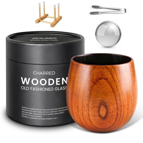 Handcraft Old Fashioned Whiskey Glasses, Charred Wooden Bourbon Drinking Glass, Bourbon Whiskey Gifts for Men, Dad, Husband, or Brother, Anniversary Birthday Gifts, Reusable Smoky Wood Tumbler(1 Pack)