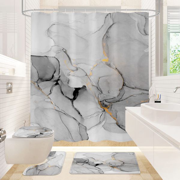 Gibelle 4 Pcs Bathroom Shower Curtain Set with Non-Slip Rugs, Toilet Lid Cover and Bath Mat, Grey Marble Bathroom Decor Set with Shower Curtain and Rugs and Accessories