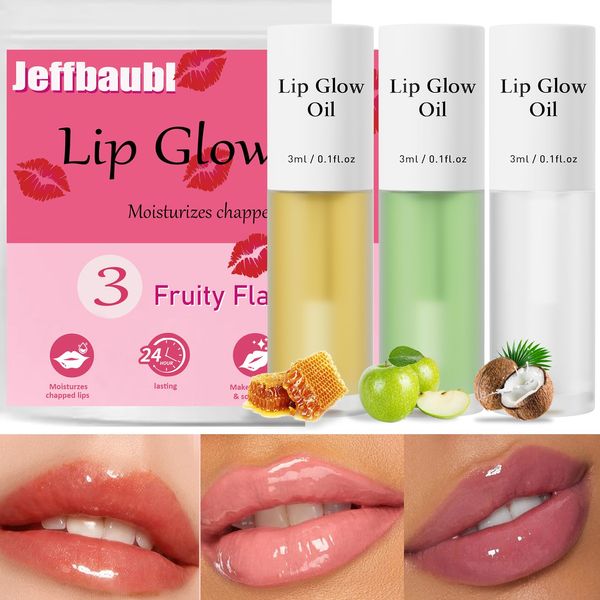 Incisite Hellokiss 3Pcs Lip Glow Oil,Moisturizing Lip Plumper Gloss,3 Fruit Flavoured Lip Balm Lip Care,Clear Plumping Lip Gloss,Non-Sticky Long Lasting Hydrating Lip Oil(Honey,Green Apple,Coconut)