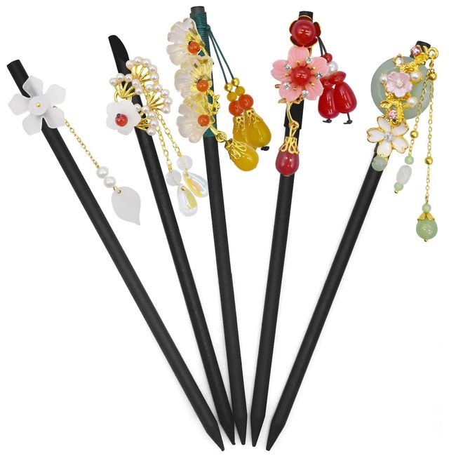 Saijer Haarstäbchen,5 Stücke Chinesische Haarstäbchen Vintage Haar Essstäbchen Haarnadel Haarspangen Haarstab Haarstock Haarschmuck Haar Sticks Blume Haar Stäbchen für Frauen Mädchen Haar Zubehör