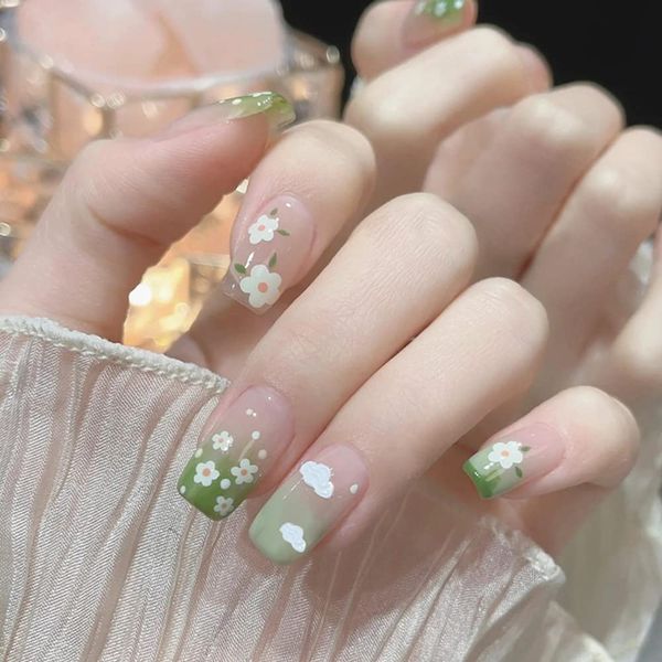 24PCS Short False Nails with Glue Stickers, Coffin Full Cover Acrylic Nails Press on Nails no Glue,Fresh Flower French Fake Nails Stick on Nails for Women and Girls Nail Art