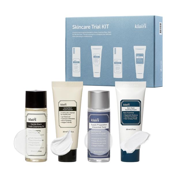 [DearKlairs] Skincare Trial Kits, 4 travel size Cleansing Oil, Cleanser, Toner, Cream for sensitive skin, Gift set, Travel Friendly