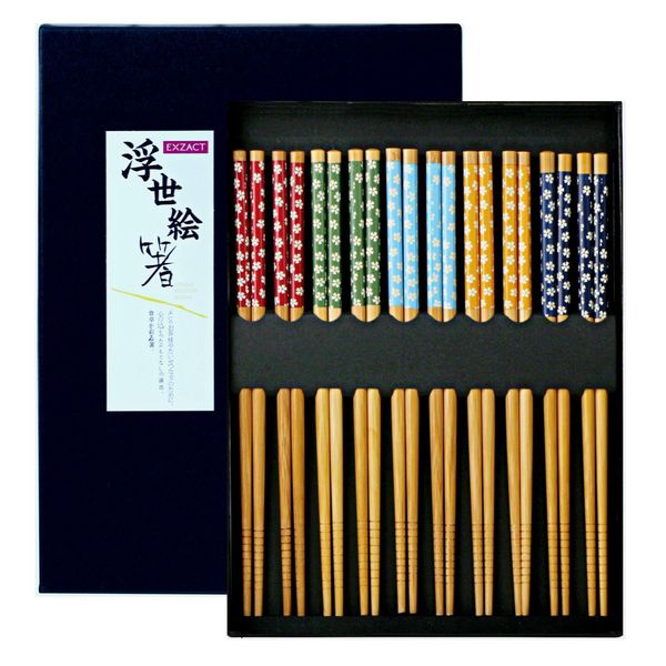 Exzact Chopsticks Gift Set 10 Pairs of Reusable Natural Bamboo Chopsticks in a Beautiful Black Handmade Box – Decorated Japanese Style