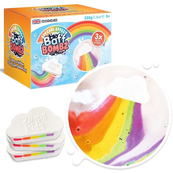 Zimpli Kids 3 x Large Cloud Rainbow Bath Bombs from, Special Effect Bath Bombs for Children, Handmade Bubble Bath Fizzies Gift Set, Organic Moisturising Vegan Friendly and Cruelty Free