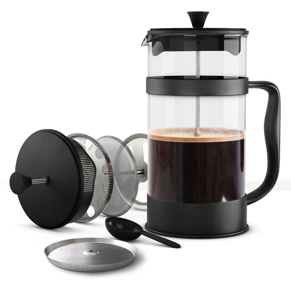 KICHLY 350ml Cafetiere 2 Cups French Press Coffee Maker, Coffee Press and Tea Maker with Triple Filters, Heat Resistant Borosilicate Glass Caffettiere with Steel Plunger - 12Oz Black