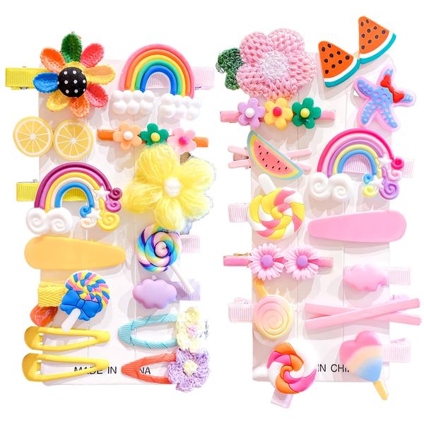 RTRTGS 28 Stück süße Haarspangen, modische Haar-Accessoires für Mädchen, Blumen, Früchte, bunt, Regenbogen, Süßigkeiten, Desserts, niedliche Tier-Haarspangen-Set, rutschfeste Metall-Druckknöpfe