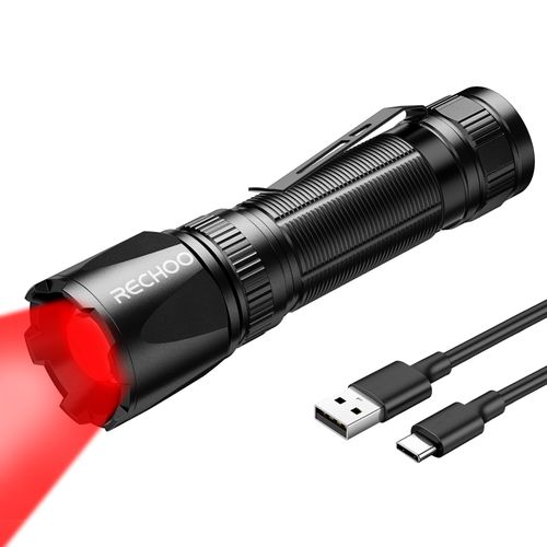 RECHOO Red Light Flashlight, High-Powered 3 Modes Red LED Rechargeable Flashlights with Clip & Lanyard, Zoomable and Portable Red Flashlights for Hunting, Astronomy, Aviation, Night Observation