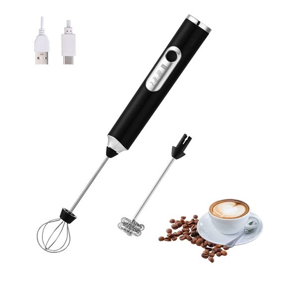 FIOUSY Handheld Electric Milk Frother with 2 Heads, Coffee Whisk Foam Mixer with USB Rechargeable 3 Speeds, Foam Maker Blender for Latte, Cappuccino, Hot Chocolate, Egg (Black)