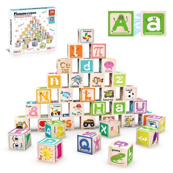 Magnetic Cubes 36 Piece Magnet Building Block Sensory Activity Center 1" Puzzle Cube 216 Pattern Early Education Toy Letter Alphabet Number Shape STEAM Learning Blocks Boy Girl Toddlers 3+ Montessori