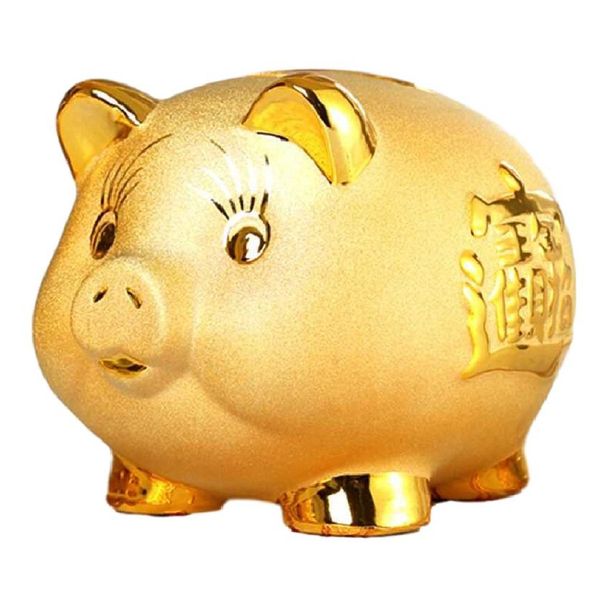 [Queen-b] Pig Money Box Gold Interior Lucky Item Feng Shui Bank Coin Money Cash Money Box Case Gold (Medium)