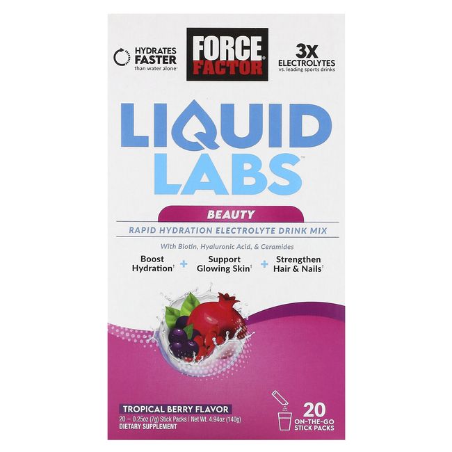 Liquid Labs Beauty, Rapid Hydration Electrolyte Drink Mix, Tropical Berry, 20