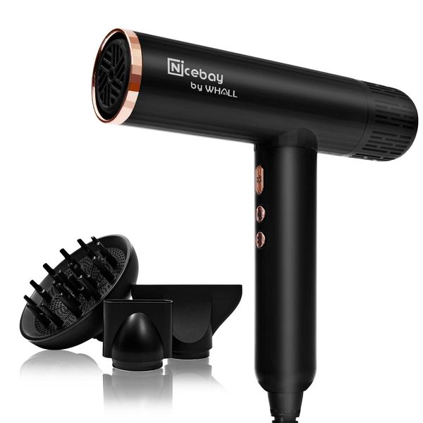 Nicebay® Ionic Hair Dryer, Professional Blow Dryer with 3 Attachments, 110000RPM High-Speed Brushless Motor for Fast Drying, Lightweight, Low Noise, 1600W Hairdryer with Diffuser