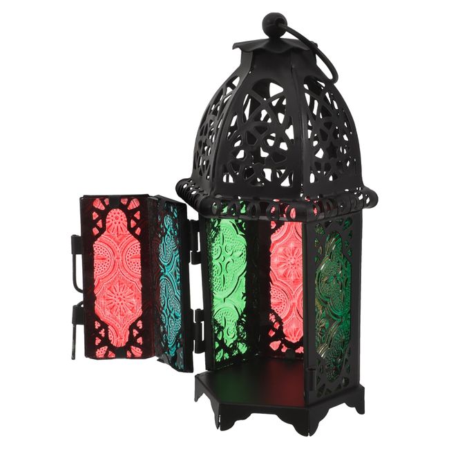 Metal Tealight Holder Glass Moroccan Candle Lantern Holder: Retro Glass Hanging Ornaments Chain Tealight Candle Holder (black) Christmas Lantern Lights