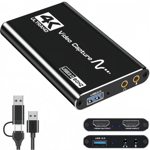 HDMI Capture Card for Streaming, 4K HDMI Video Capture Card, 1080p 60fps USB 3.0 Capture Card with Microphone, for Gaming/Live Streaming/Video Conference, Works for Switch/PS5/Camera/PC ect