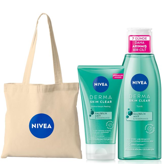 NIVEA Derma Skin Clear Sivilce Karşıtı Yüz Temizleyici Peeling 150ml,Tonik 200ml,Bez Çanta Hediye