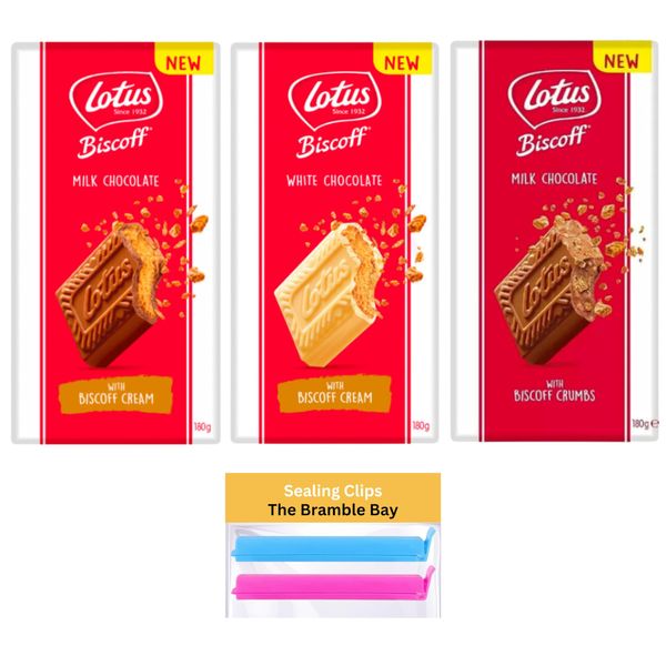 Chocolate Bar Bundle contains Lotus Milk Chocolate with Biscoff Cream, White Chocolate, Milk Chocolate with Crumbs, Total of 3 X 180g, Sealing Clips