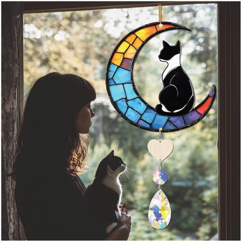 Black and White Cat Gifts with Crystal Ornament Rainbow Maker, Cat Loss Sympathy Gift，Cat Memorial Gifts for Loss of Cat，Tuxedo cat Gifts，Cat Suncatcher，Stained Glass Cat Window Hanging