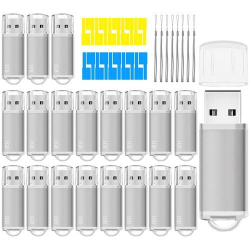 USB Thumb Drive 1GB Flash Drives 20 Pack, Nicepicten Memorias USB 2.0 Memory Stick Fat Flash Zip Drive 1 GB Jump Drives Multipack Pendrive with Landards and Lables (Sliver 1GB, 20 Pieces)