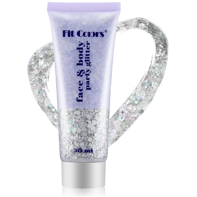 Body Glitter Gel, Silver Face Glitters Holographic Sparkling Lotion Glitter, Face and Body Gel Liquid Eyeshadow Sequins Glitter for Eye Hair Nail DIY Art, Suitable for Makeup Cosplay Festivals-50ml