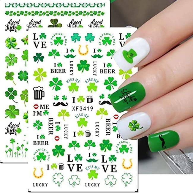 Shamrock Nail Art Stickers Decals St. Patrick's Day Green Clover Nail Art Stickers 3D Self-Adhesive Ireland Lucky Clover Nail Art Supplies for Women Girl Nail Decoration Design-8 Sheets