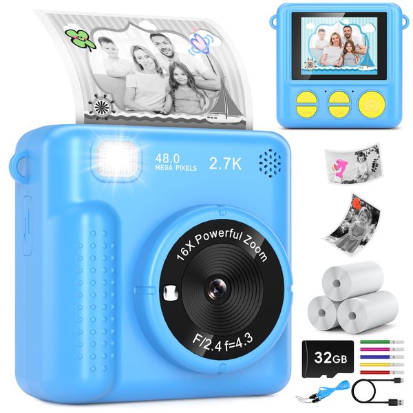 GREENKINDER Kids Camera Instant Print, Christmas Birthday Gifts for Boys Girls Age 3-12, 2.4-Inch/1080P Kids Digital Cameras, Portable Travel Toy for 3 4 5 6 7 8 9 10 Year Old Girls Boys (Blue)