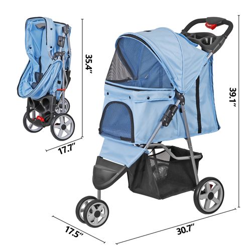 3-Wheel Foldable Pet Stroller Dog Cat Stroller Cart w/ Pads & Cup Holder Blue