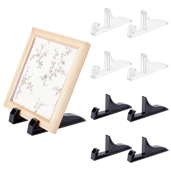 PH PandaHall 8 Packs Plastic Photo Frame Easel Stands, 2 Colors Black and Clear Plate Stands Picture Display Holder for Photo, Handmade Plates, Art Pieces, Certificates