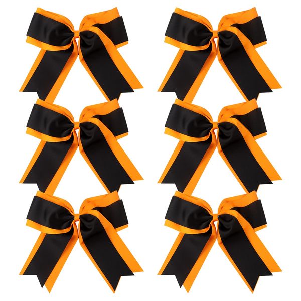 8 Inch 2 Colors Cheerleader Bows 2 Layers 6 Pcs Ponytail Holder Cheerleading Bows Hair Elastic Hair Tie (Orange/Black)