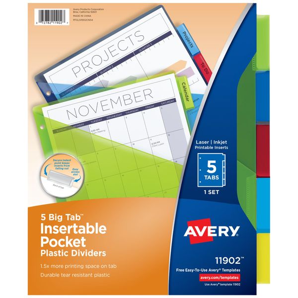 Avery Dividers for 3 Ring Binders, 5 Tab Binder Dividers, Plastic Binder Dividers with Pockets, Insertable Big Tabs, Multicolor, Works with Sheet Protectors, 1 Set (11902)