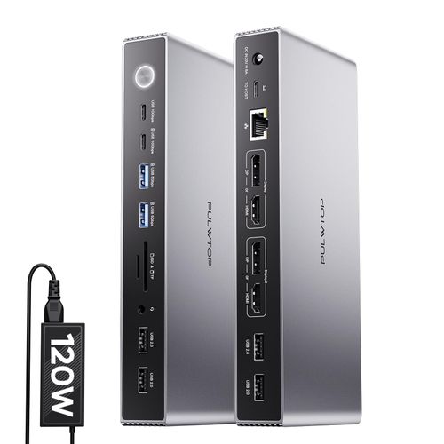 PULWTOP Displaylink Docking Station, USB C DisplayLink Dock Dual Displays for MacBook M1/M2/M3/M4 Windows, 4K@60Hz Displaylink Dock with 2 HDMI, 2 Display Port, 2USB C Data, 6 USBA, Ethernet, Audio