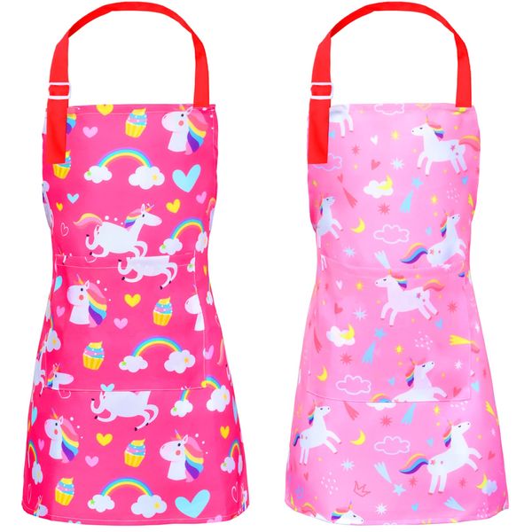 Sylfairy Aprons for Kids Girls Rainbow Unicorn Apron Children Kitchen Chef Aprons Smock (Pink+Rose Red, Medium,6-12Years)