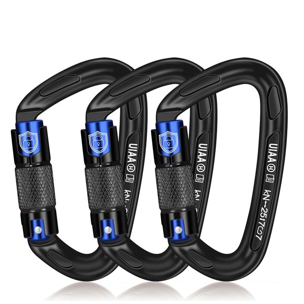 BEIFENG Auto Locking Carabiner 25KN Climbing Carabiner Large Carabiner Clip Obtained UIAA Certification Heavy Duty Carabiners Suitable for Rock Climbing, Camping, Gym,Rescue Black (Black&Blue3Pcs)