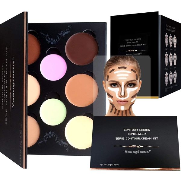 Youngfocus Cosmetics Cream Contour and Highlighting Makeup Kit - Best 8 Colors Contouring Foundation/Concealer Palette - Vegan & Cruelty Free - Step-by-Step Instructions Included