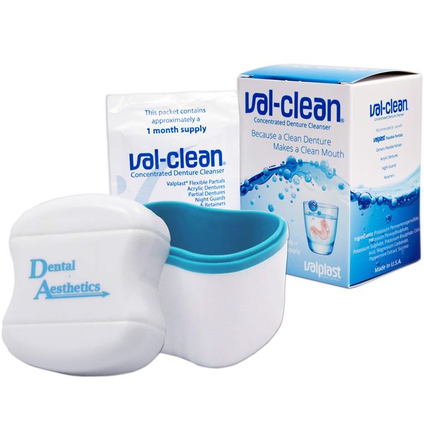 Val-Clean Sachets & Denture Bath - 12 Sachets 1 Years Supply Valplast Flexible Denture Cleaner (Blue)