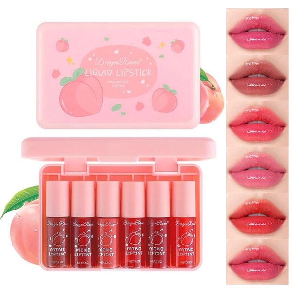 6 Colors Peach Lip Tint Stain Mini Liquid Lipstick, Moisturizing Plumping Lip Gloss, Multi-Use Lip and Cheek Tint, Non-sticky, Transfer-Proof Lip Tint Gloss, Matte Finish Lip Makeup