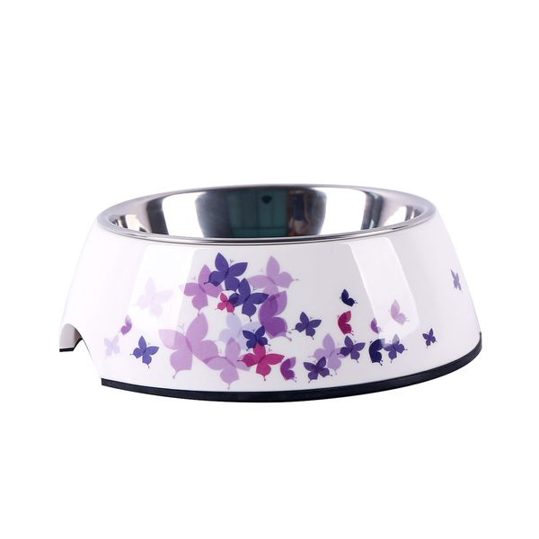 Dehner Dog and Cat Bowl Diameter 14 cm Height 5 cm 160 ml Melamine/Stainless Steel/Rubber White/Purple