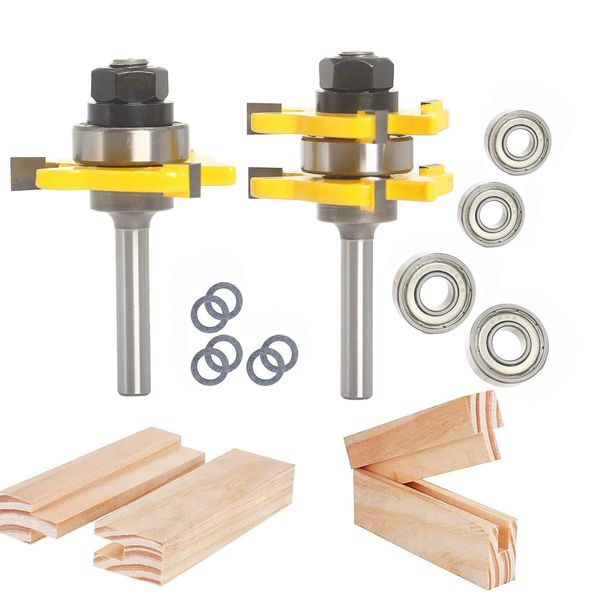 Sinoprotools 2Pcs Tongue and Groove Router Bit Set, 1/2" Shank Tongue and Groove Router Bits, 3 Teeth T Shape Jointing Router Bits,Wood Milling Cutter for Tongue&Groove Joints,Slots(1-3/4" Cut Dia.)