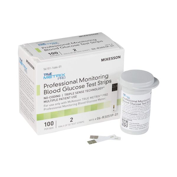 McKesson True METRIX PRO Professional Monitoring Blood Glucose Test Strips - No Coding, Triple Sense Technology, Multiple Patient Use - Vials of Strips, 100 Strips, 1 Pack