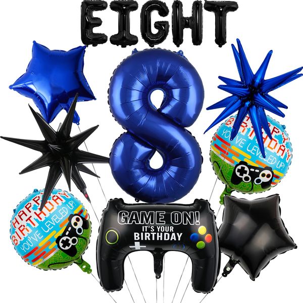 13pcs Video Game Themed Party Decorations, Number 8th Boys Birthday Party Supplies, Navy Blue Video Game Controller Mylar Foil Balloon, Video Game Party Decoration Supplies